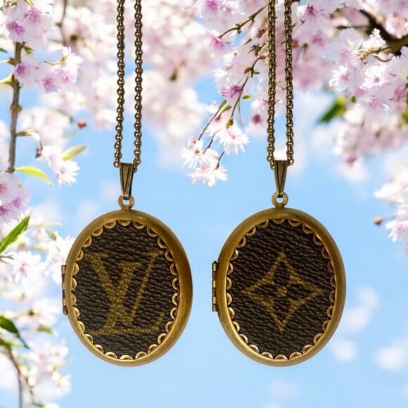 Upcycled Reworked L V Monogram Canvas Locket Necklace Handmade Flower Motif - Picture 11 of 15